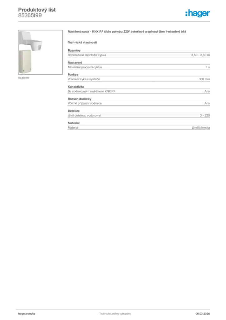 Obrázek Hager Product data sheet 85365199 | Hager