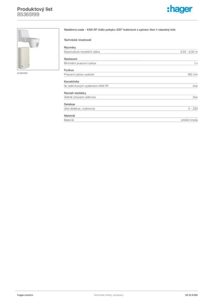 Obrázek Hager Product data sheet 85365199 | Hager