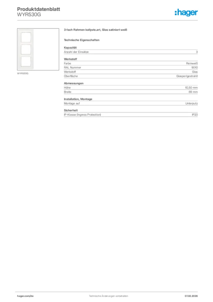Bild Hager Produktdatenblatt WYR530G | Hager Deutschland