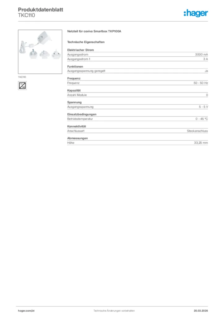Bild Hager Produktdatenblatt TKC110 | Hager Deutschland