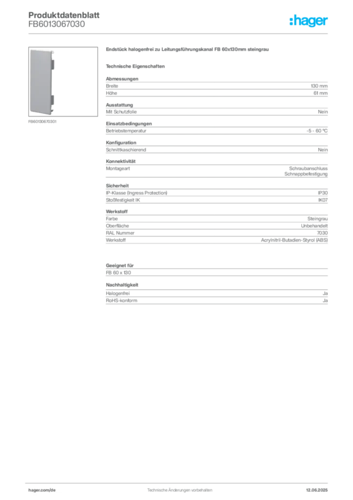 Bild Hager Produktdatenblatt FB6013067030 | Hager Deutschland