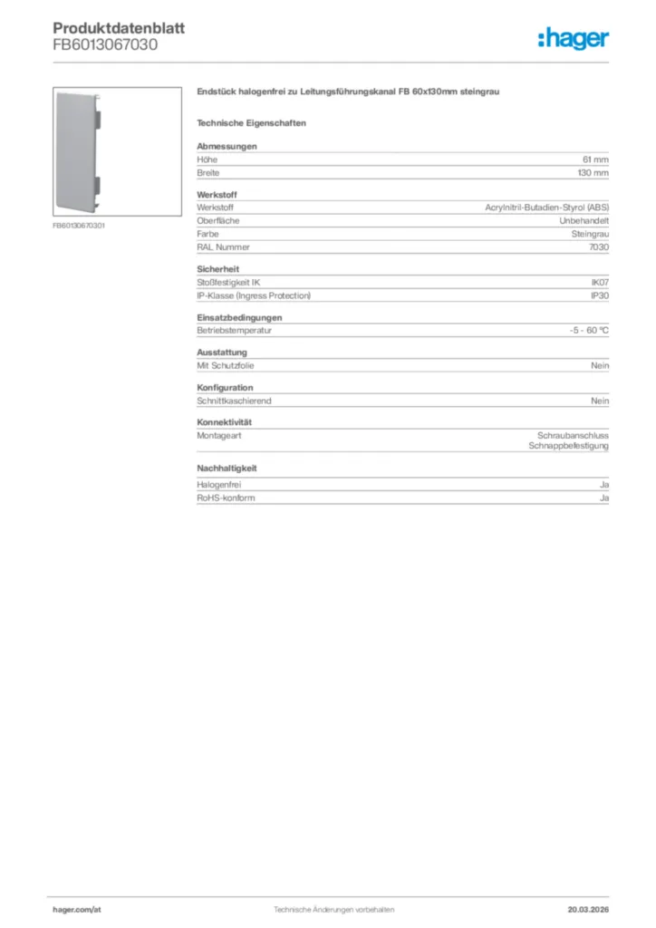 Bild Hager Produktdatenblatt FB6013067030 | Hager Deutschland