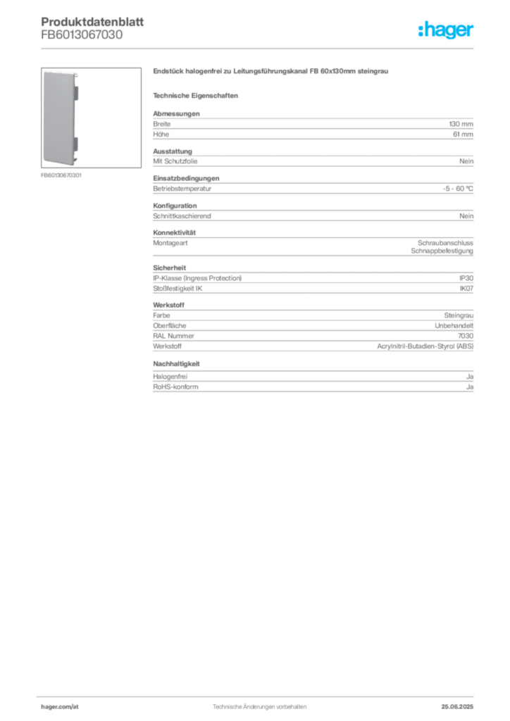 Bild Hager Produktdatenblatt FB6013067030 | Hager Deutschland