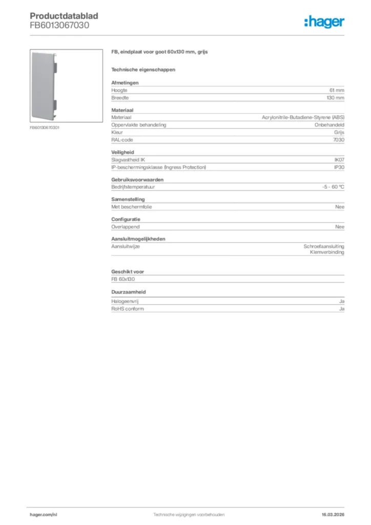 Afbeelding Hager Productdatablad FB6013067030 | Hager Nederland