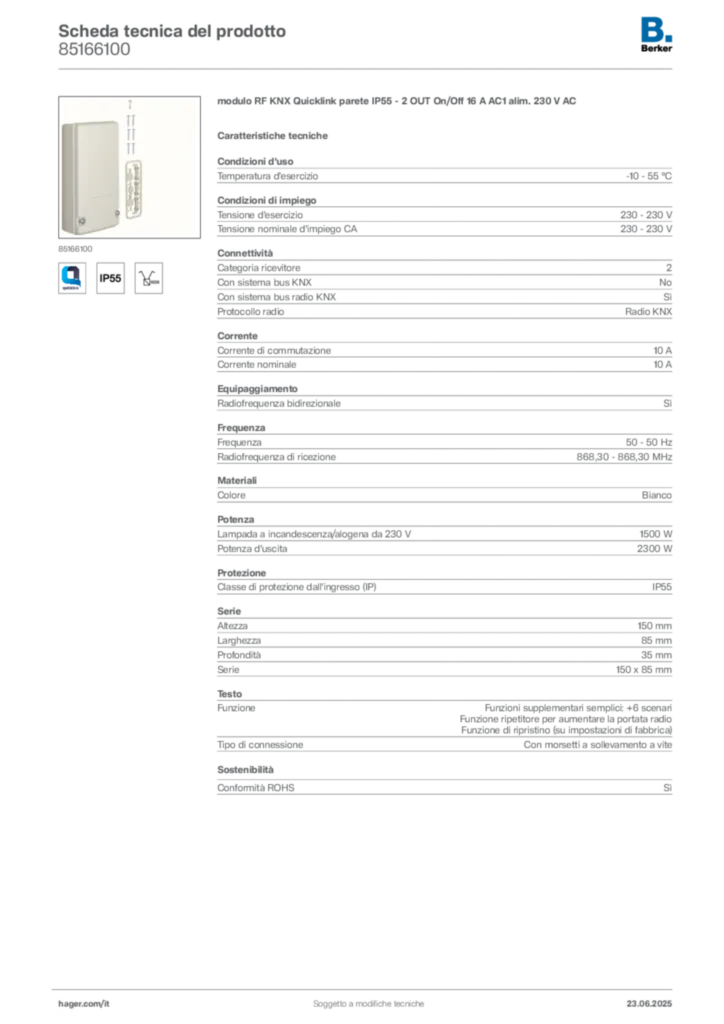Immagine Berker Scheda tecnica del prodotto 85166100 | Hager Italia