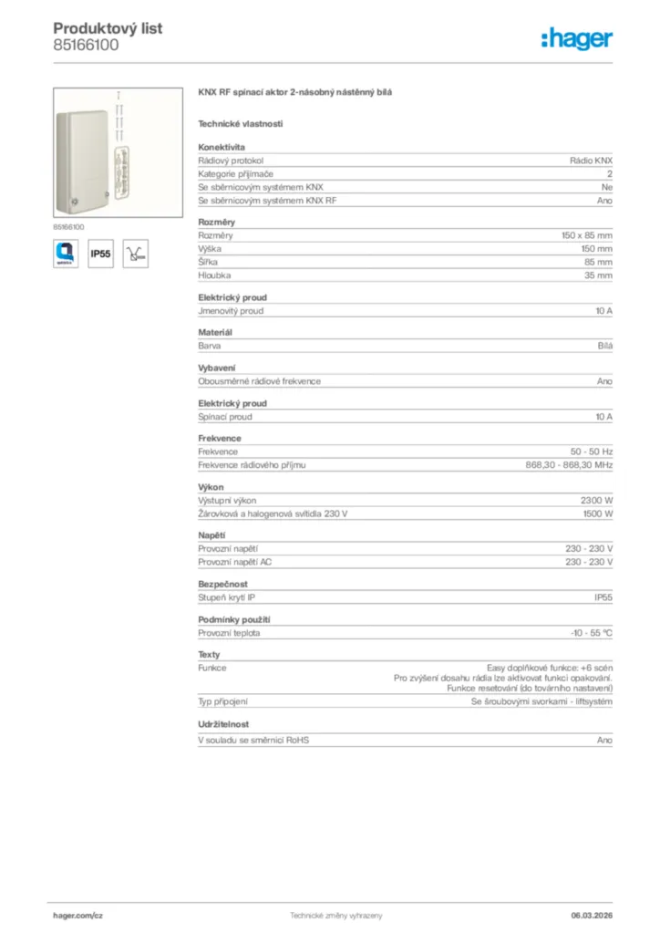 Obrázek Hager Product data sheet 85166100 | Hager