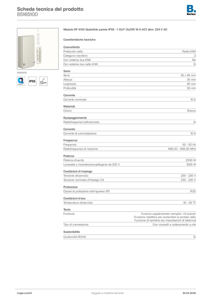 Immagine Berker Scheda tecnica del prodotto 85165100 | Hager Italia