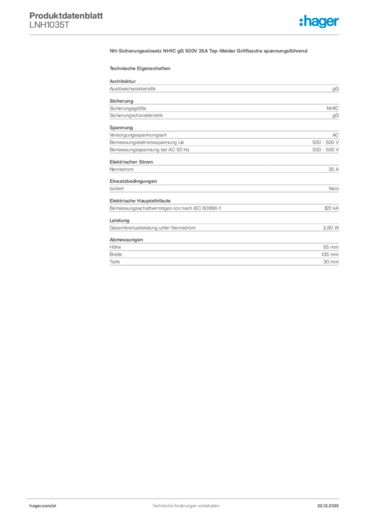 Bild Hager Produktdatenblatt LNH1035T | Hager Deutschland