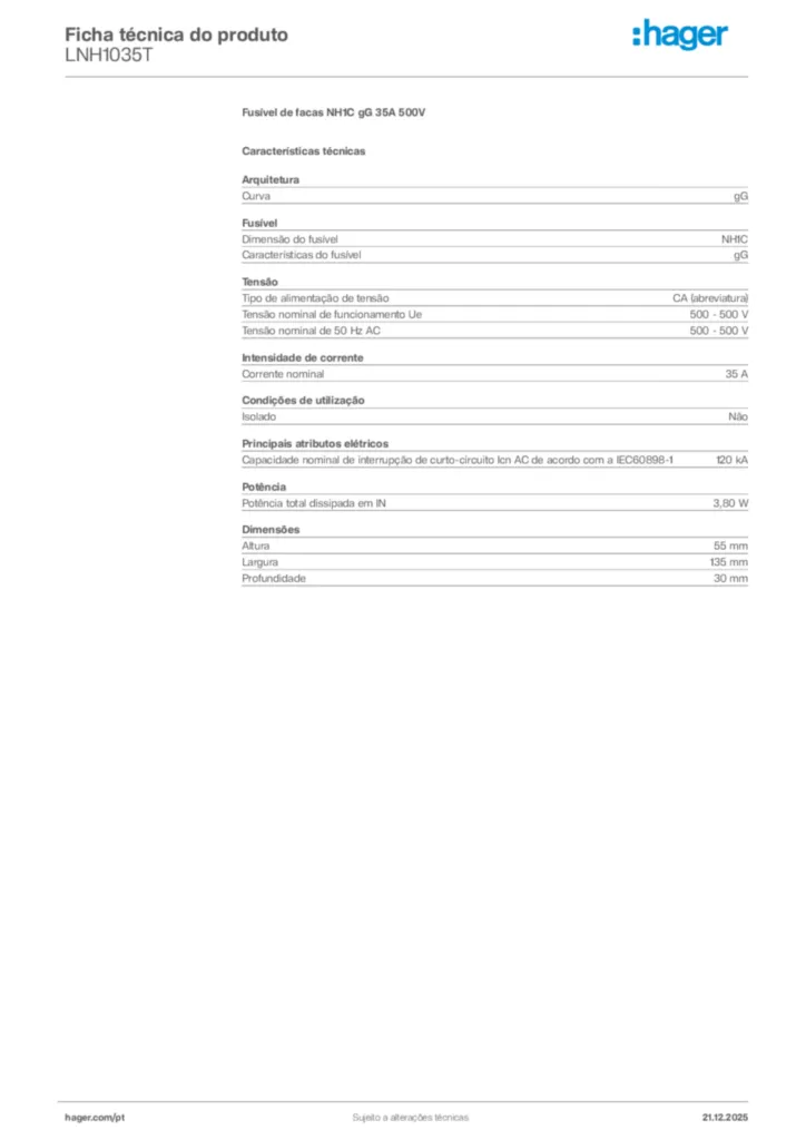 Imagem Hager Ficha técnica do produto LNH1035T | Hager Portugal