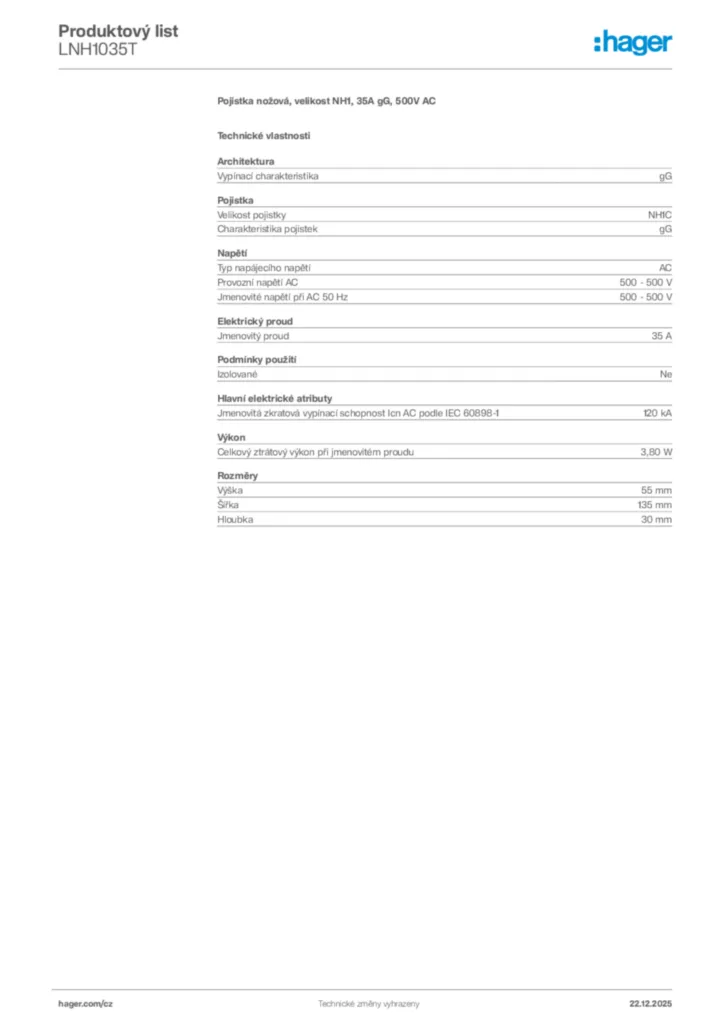 Obrázek Hager Produktový list LNH1035T | Hager