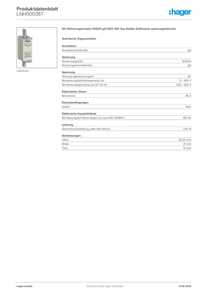 Bild Hager Produktdatenblatt LNH00035T | Hager Deutschland