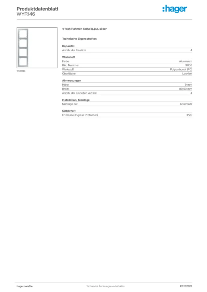 Bild Hager Produktdatenblatt WYR146 | Hager Deutschland