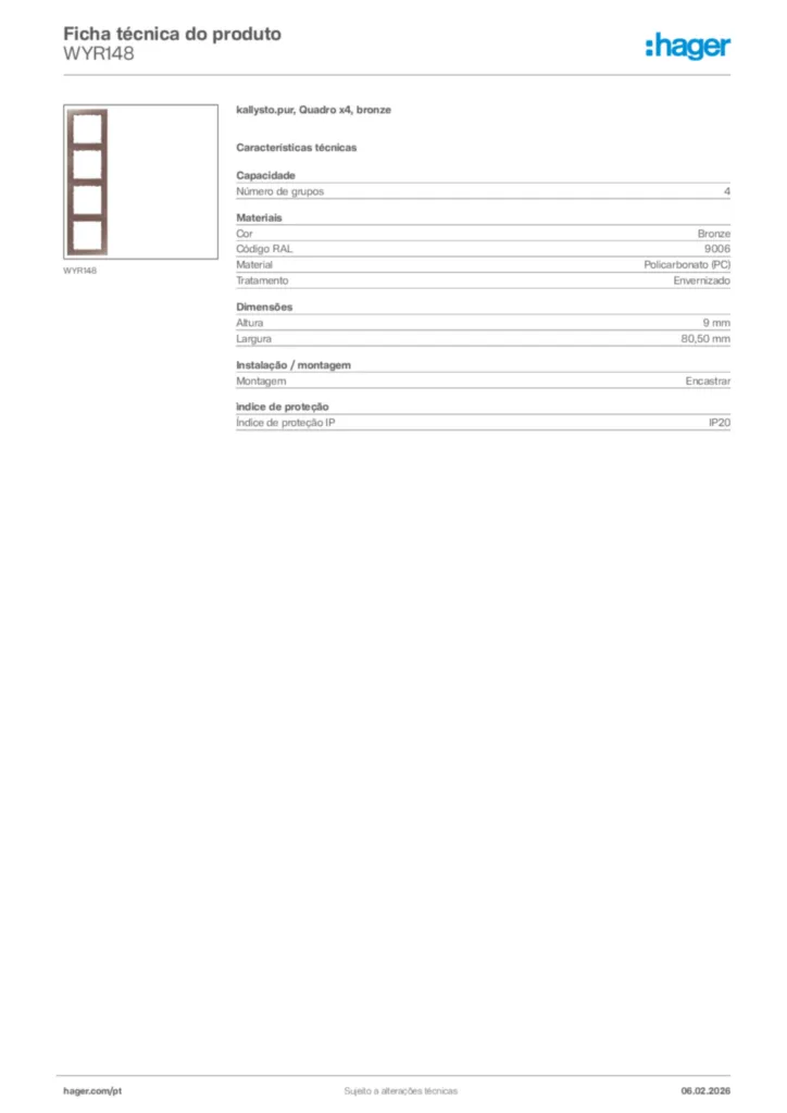 Imagem Hager Ficha técnica do produto WYR148 | Hager Portugal