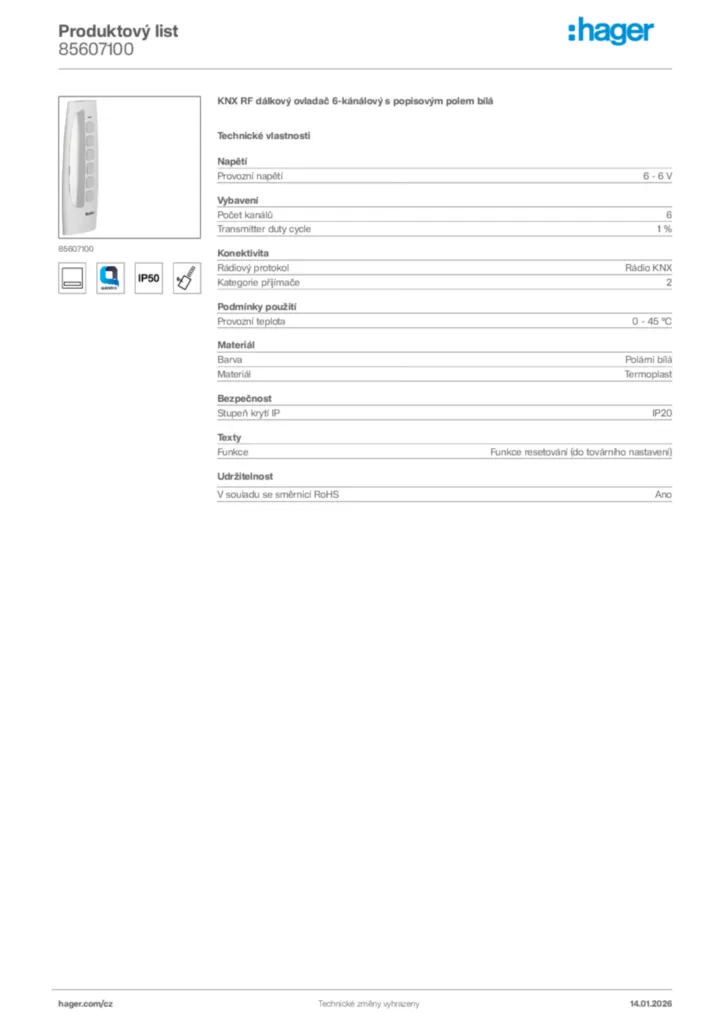 Obrázek Hager Product data sheet 85607100 | Hager
