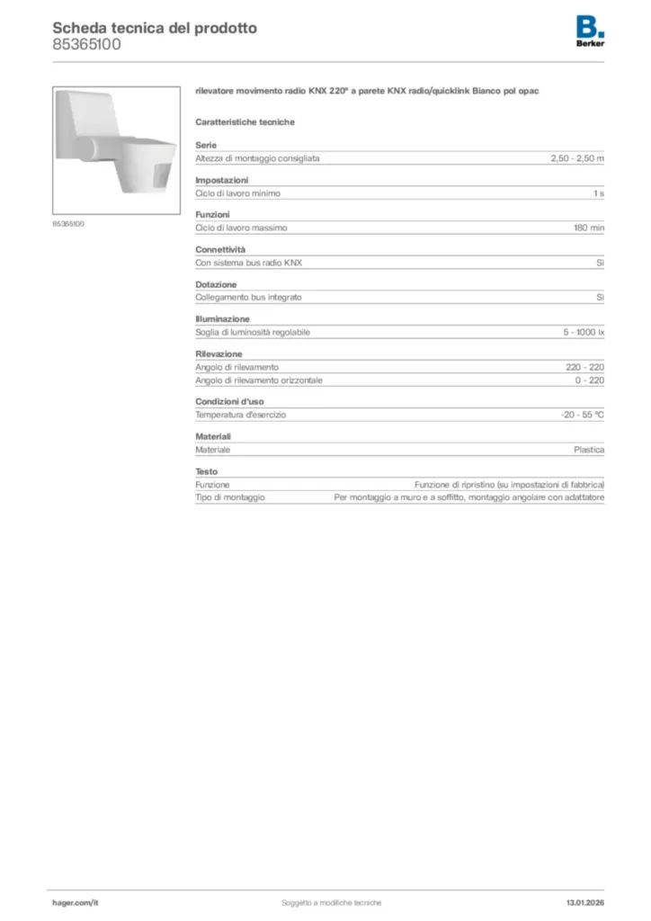 Immagine Berker Scheda tecnica del prodotto 85365100 | Hager Italia