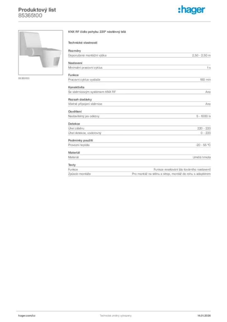 Obrázek Hager Product data sheet 85365100 | Hager