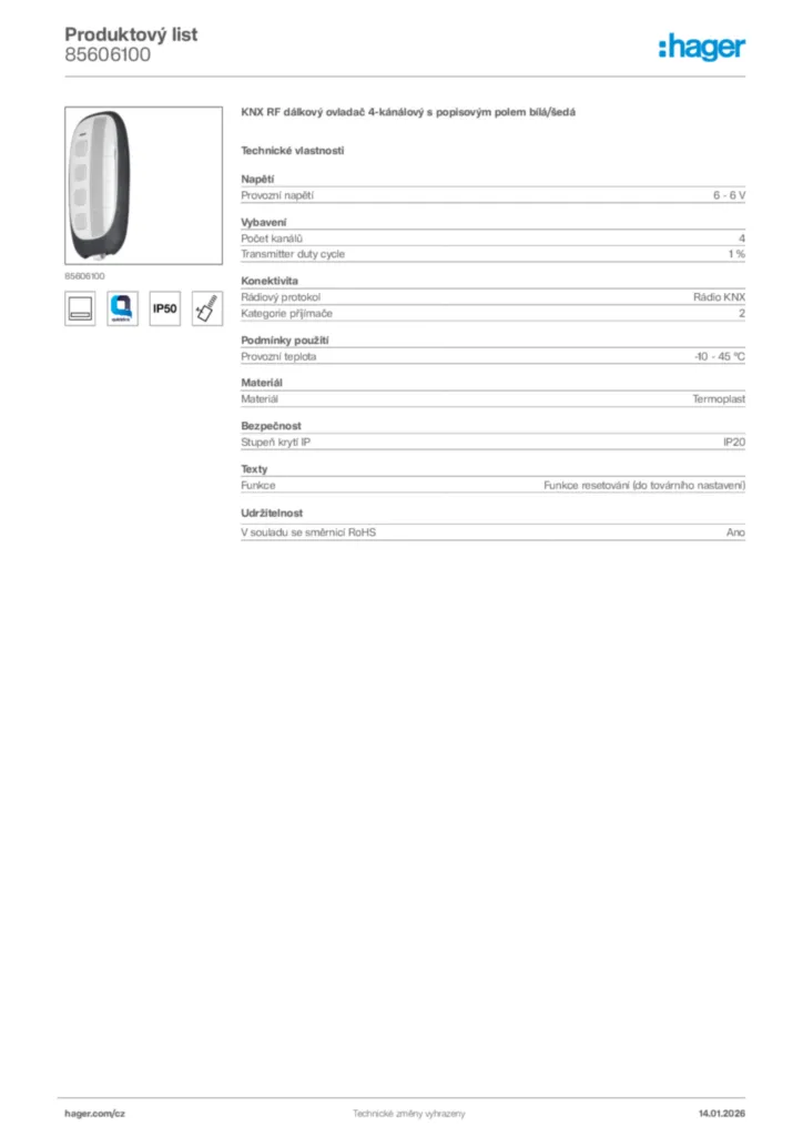 Obrázek Hager Product data sheet 85606100 | Hager