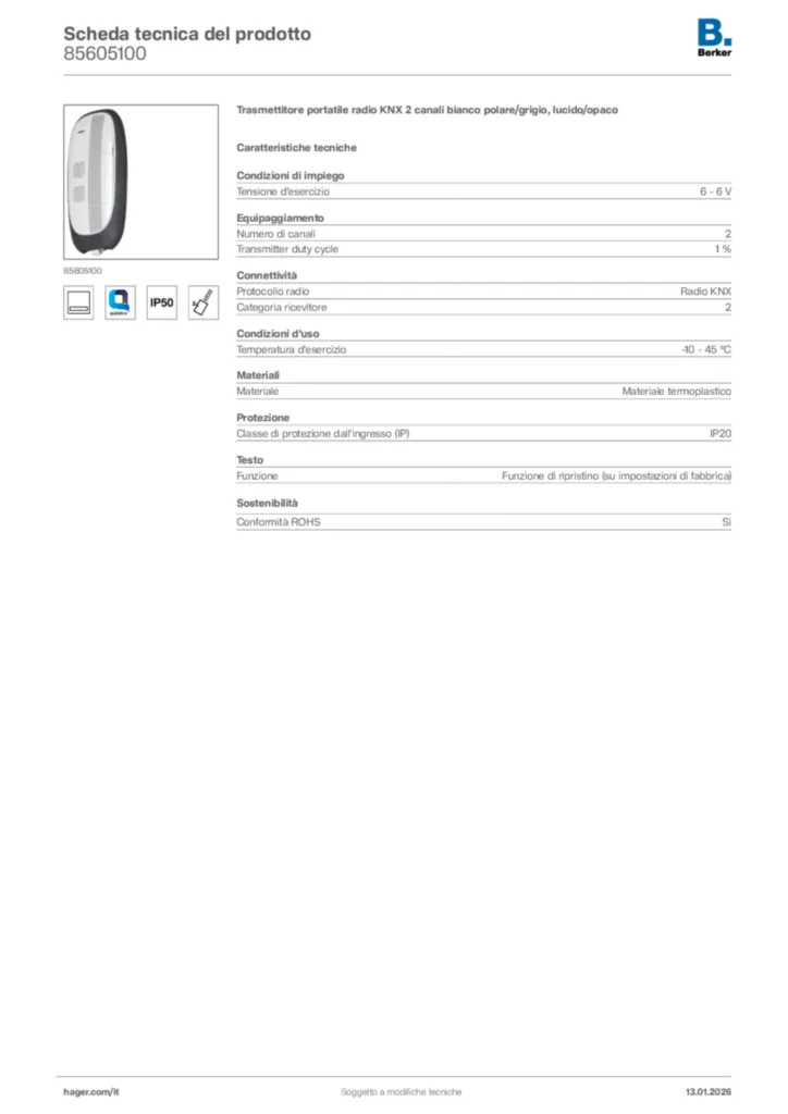 Immagine Berker Scheda tecnica del prodotto 85605100 | Hager Italia