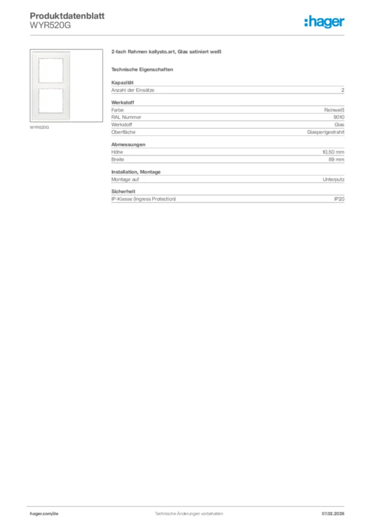 Bild Hager Produktdatenblatt WYR520G | Hager Deutschland