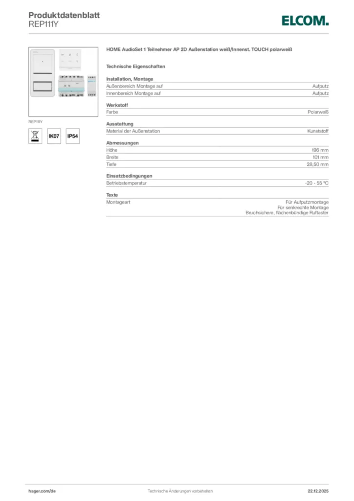 Bild Elcom Produktdatenblatt REP111Y | Hager Deutschland