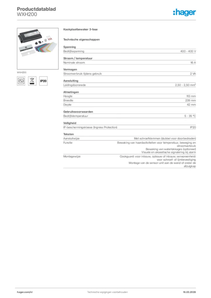 Afbeelding Hager Productdatablad WXH200 | Hager Nederland