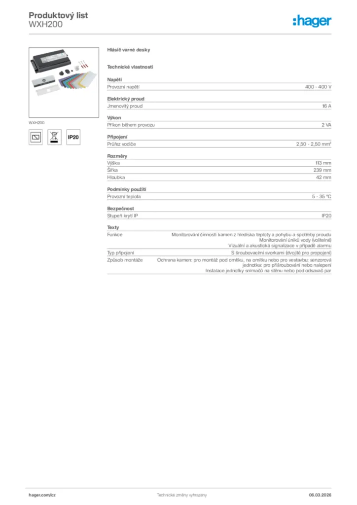 Obrázek Hager Product data sheet WXH200 | Hager