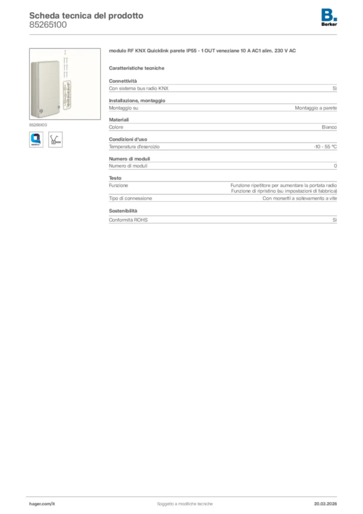 Immagine Berker Scheda tecnica del prodotto 85265100 | Hager Italia