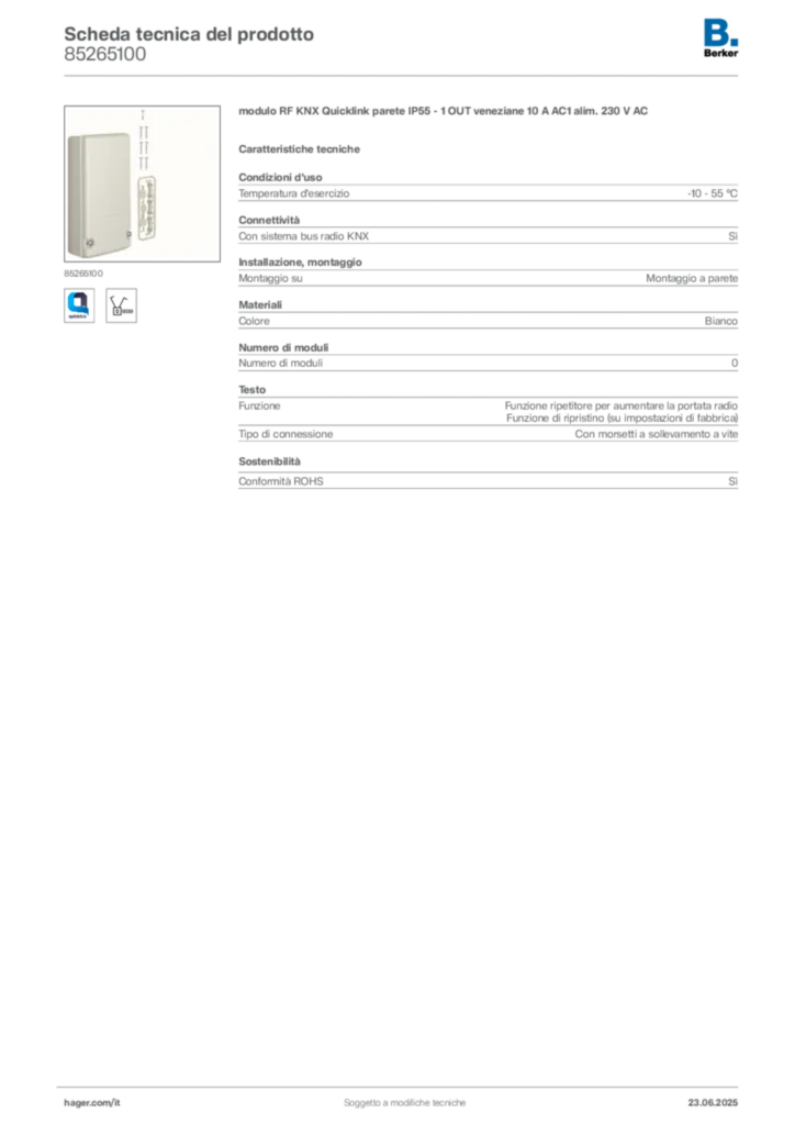 Immagine Berker Scheda tecnica del prodotto 85265100 | Hager Italia