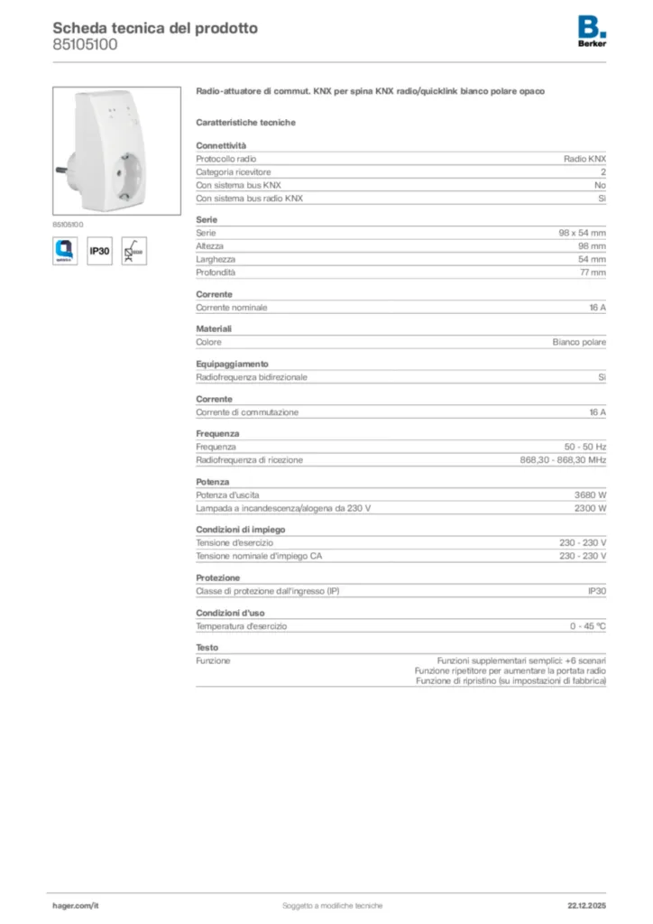 Immagine Berker Scheda tecnica del prodotto 85105100 | Hager Italia