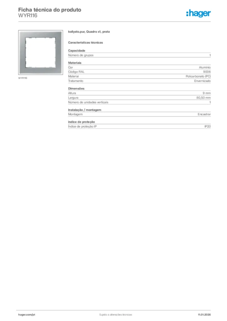 Imagem Hager Ficha técnica do produto WYR116 | Hager Portugal