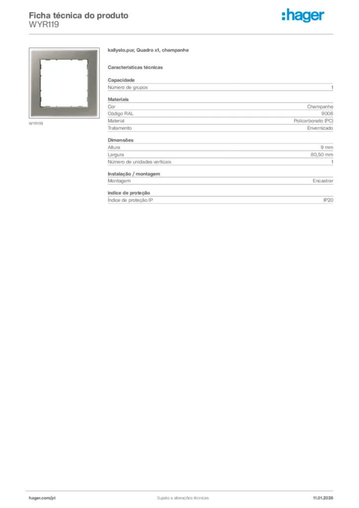 Imagem Hager Ficha técnica do produto WYR119 | Hager Portugal