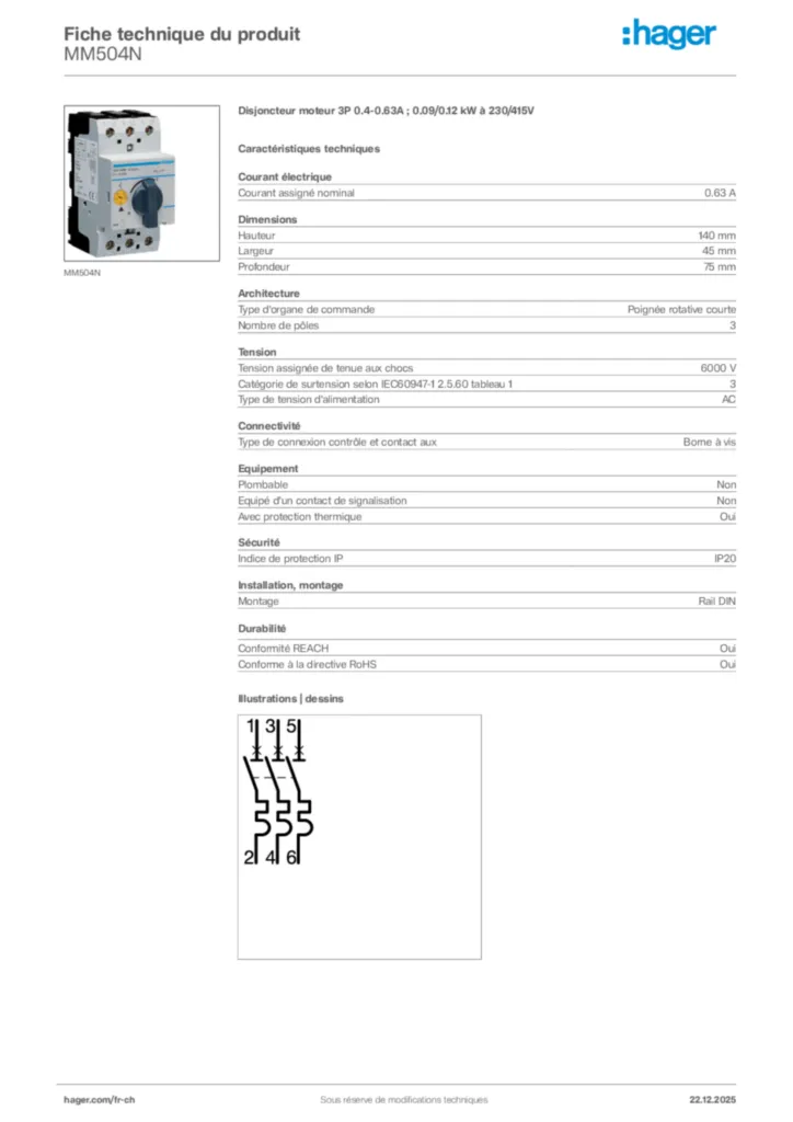 Image Hager Fiche technique du produit MM504N | Hager Suisse