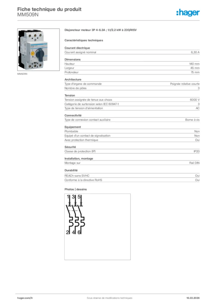 Image Hager Fiche technique du produit MM509N | Hager France