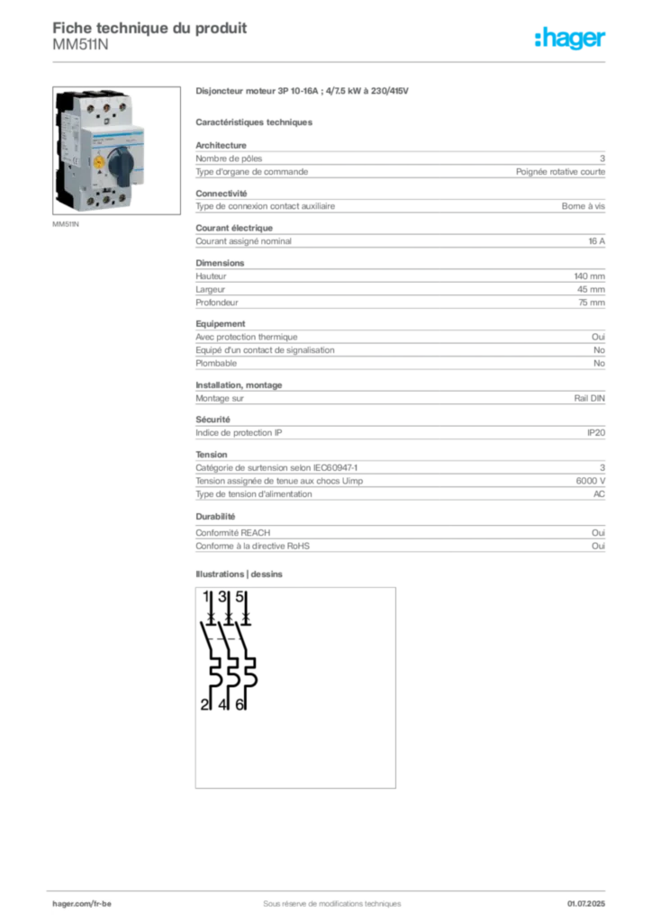 Image Hager Fiche technique du produit MM511N | Hager Belgique