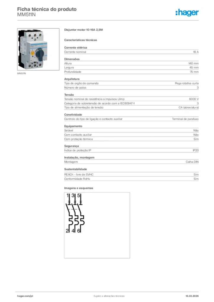 Imagem Hager Ficha técnica do produto MM511N | Hager Portugal
