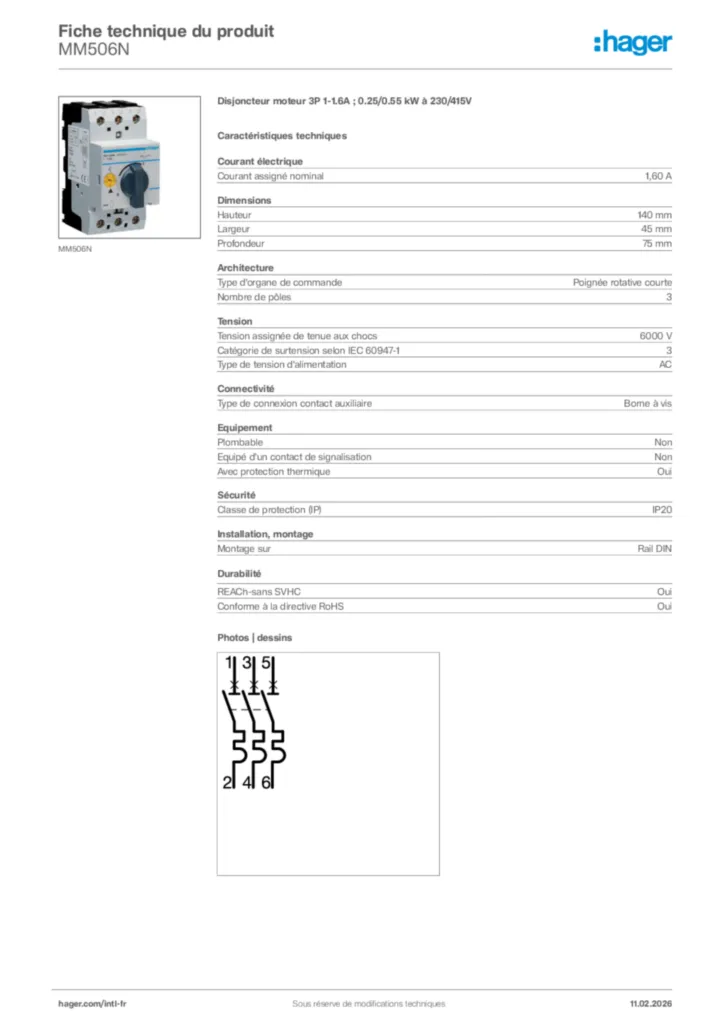 Image Hager Fiche technique du produit MM506N | Hager Afrique