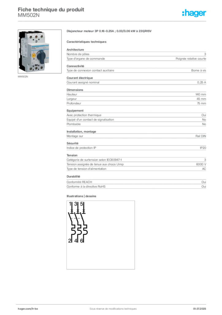 Image Hager Fiche technique du produit MM502N | Hager Belgique