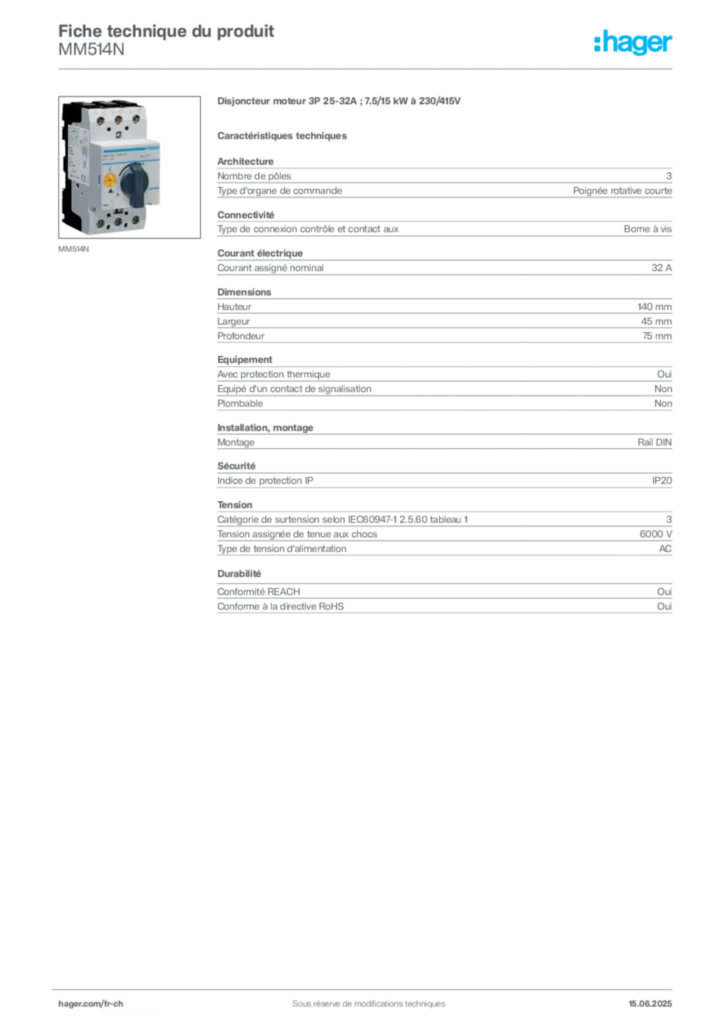 Image Hager Fiche technique du produit MM514N | Hager Suisse