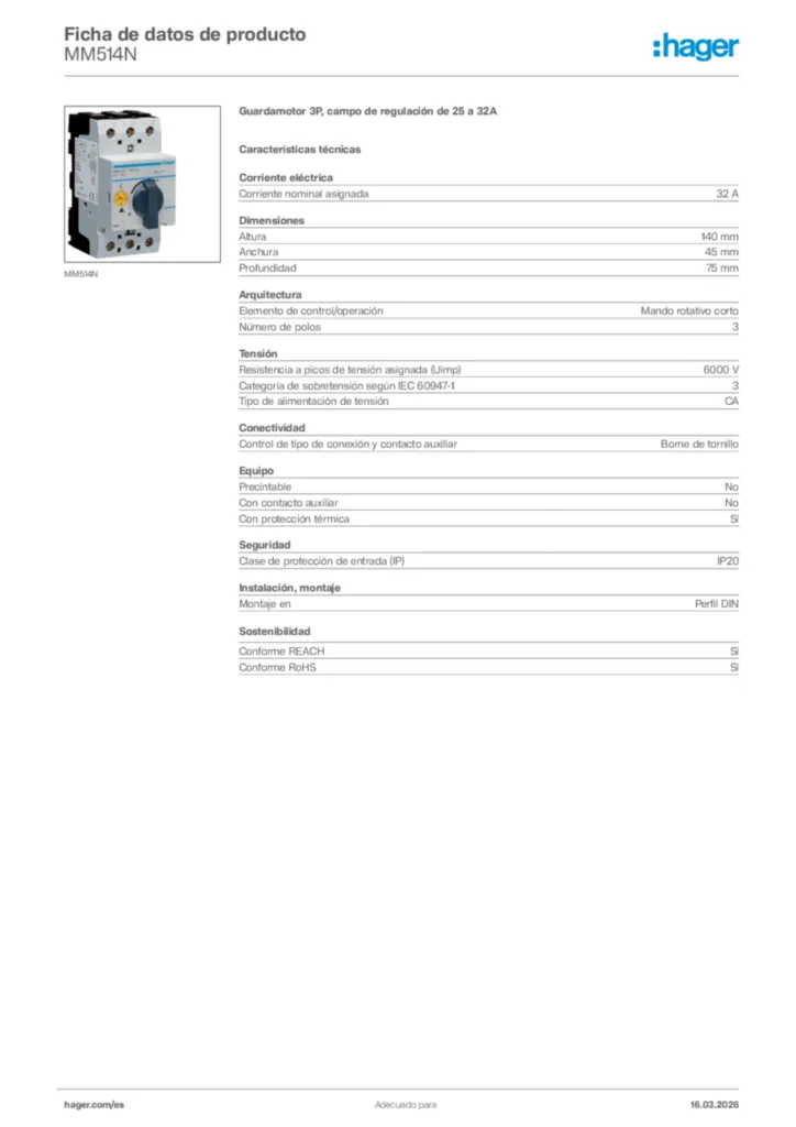 Imagen Hager Ficha de datos de producto MM514N | Hager España