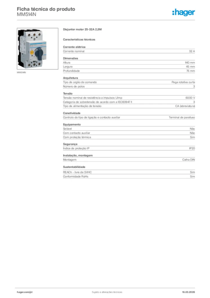 Imagem Hager Ficha técnica do produto MM514N | Hager Portugal