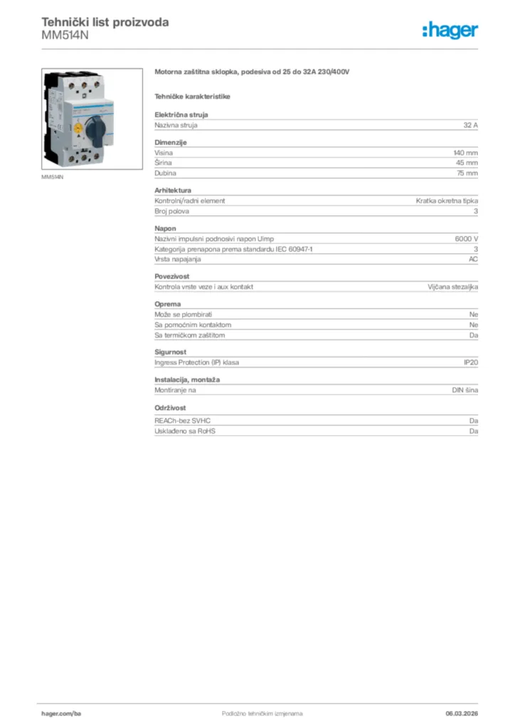 Slika Hager Tehnički list proizvoda MM514N  | Hager