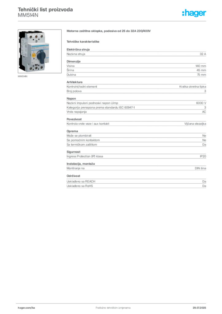 Slika Hager Product data sheet MM514N  | Hager
