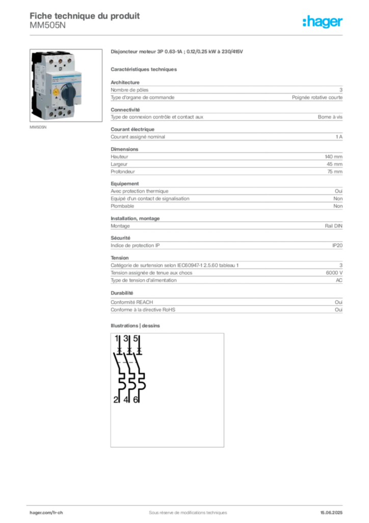 Image Hager Fiche technique du produit MM505N | Hager Suisse