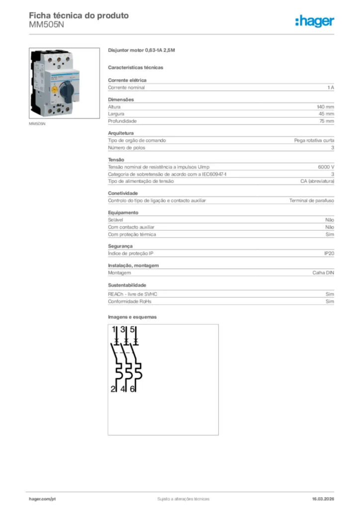 Imagem Hager Ficha técnica do produto MM505N | Hager Portugal