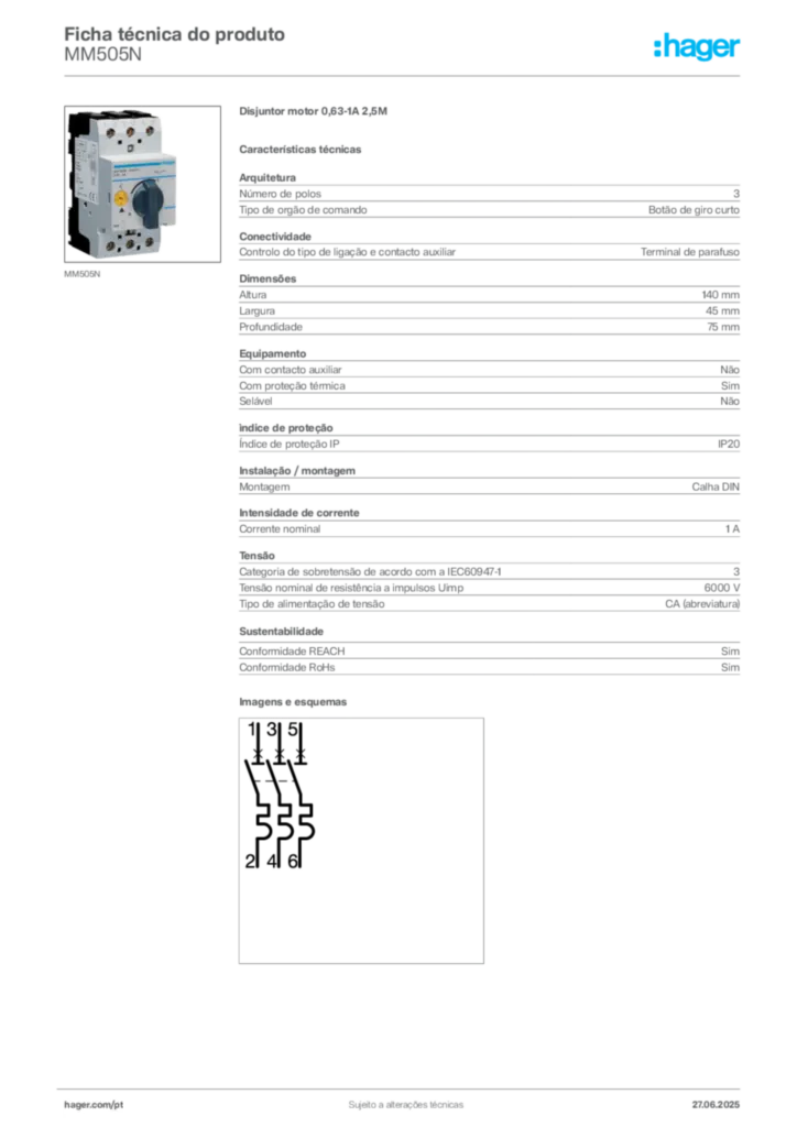 Imagem Hager Ficha técnica do produto MM505N | Hager Portugal