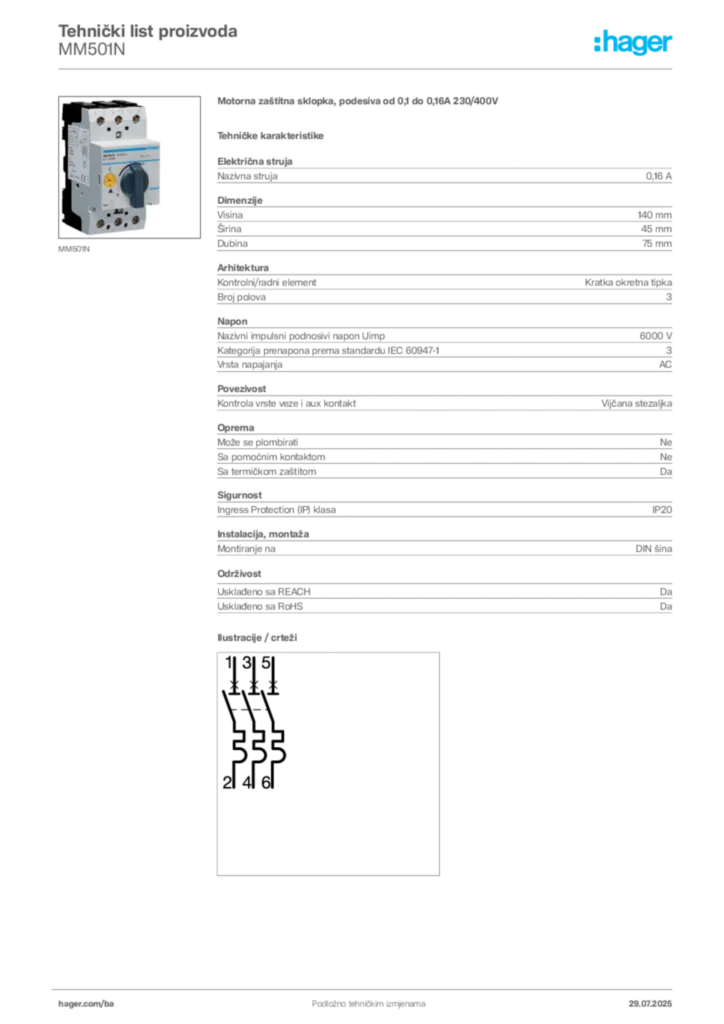Slika Hager Product data sheet MM501N  | Hager