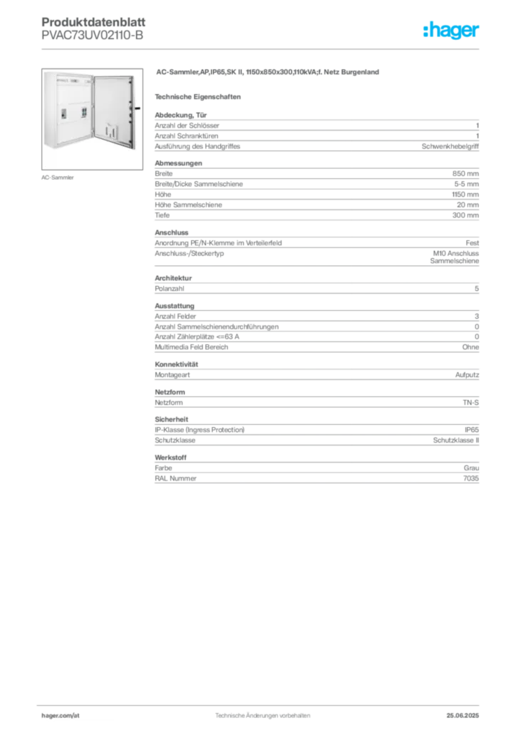 Bild Hager Produktdatenblatt PVAC73UV02110-B | Hager Deutschland