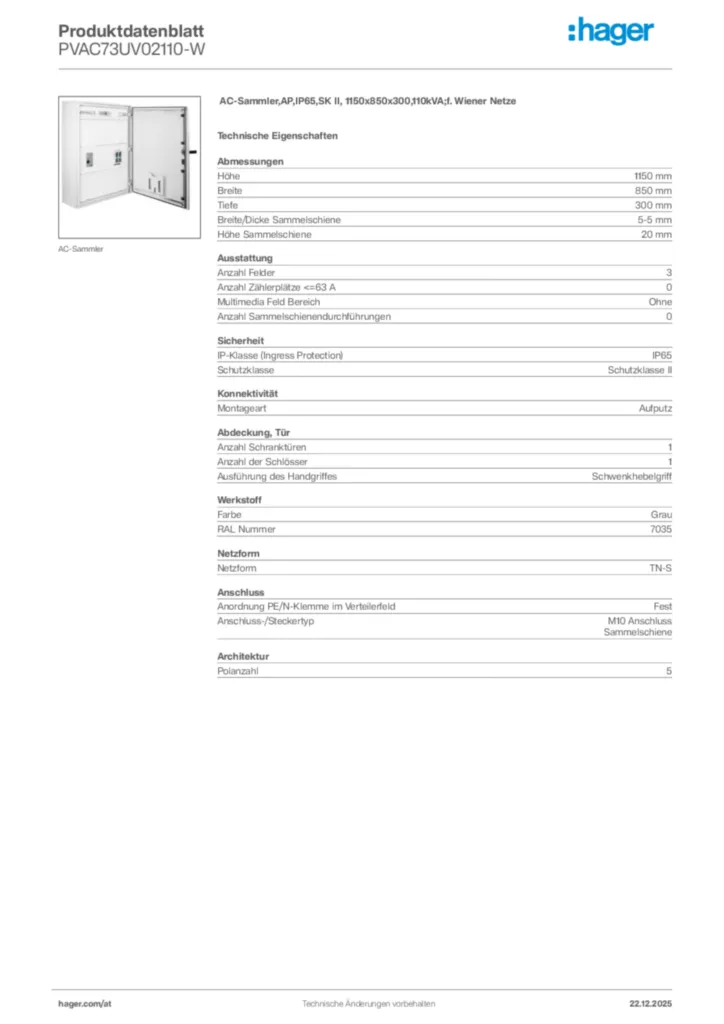Bild Hager Produktdatenblatt PVAC73UV02110-W | Hager Deutschland