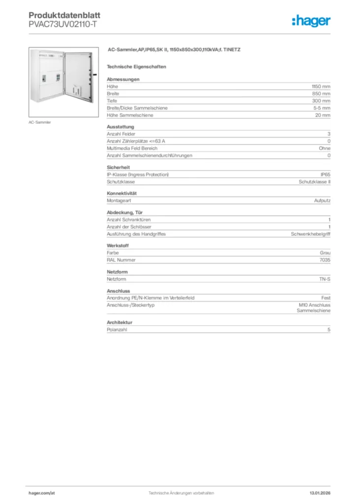 Bild Hager Produktdatenblatt PVAC73UV02110-T | Hager Deutschland