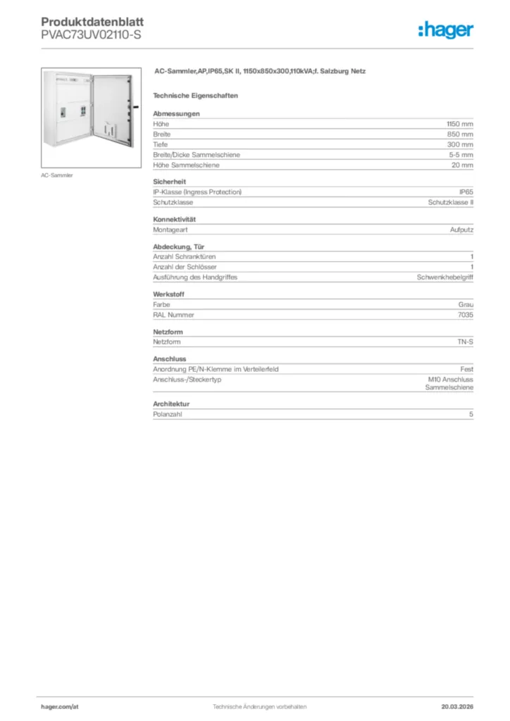 Bild Hager Produktdatenblatt PVAC73UV02110-S | Hager Deutschland